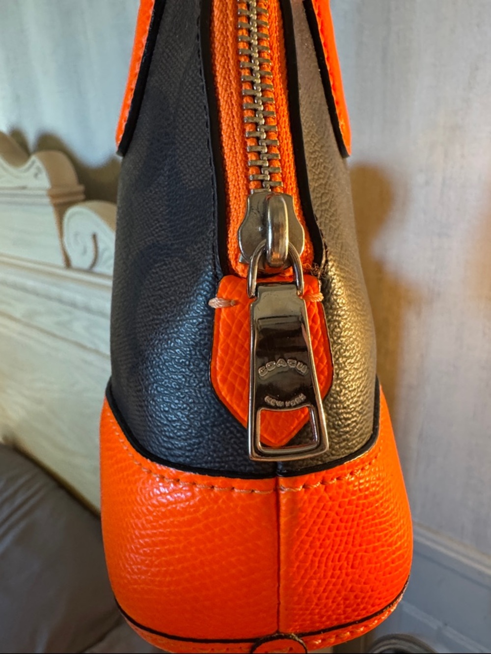 Coach Black Signature Dome Satchel with Bright Orange Trim - Picture 3 of 8